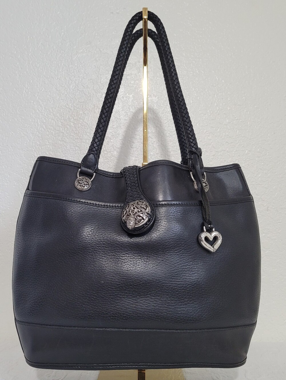 Black Brighton Leather Tote Shoulder Bag with Braided Handles With Silver Accent